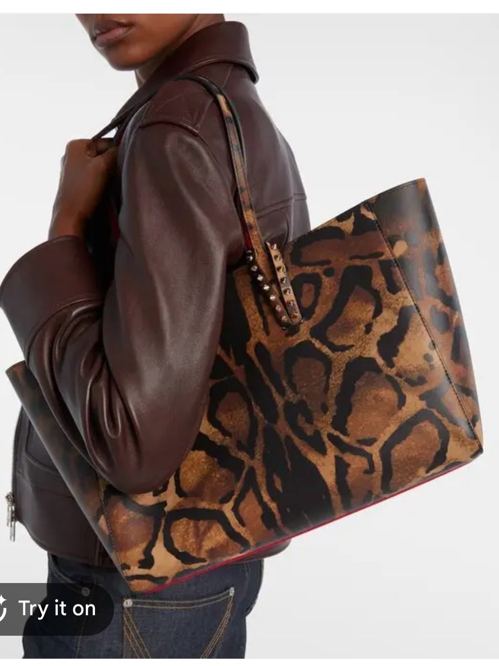 CHRISTIAN LOUBOUTIN LARGE CABATA LEATHER TOTE SPIKES BROWN WITH POUCH SET NEW - Picture 3 of 16